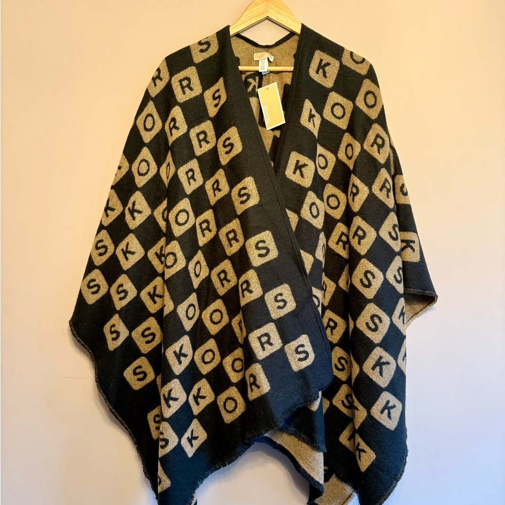 Michael Kors Black and Brown Knit Poncho Wrap Women Logo Luxury Checker Warm